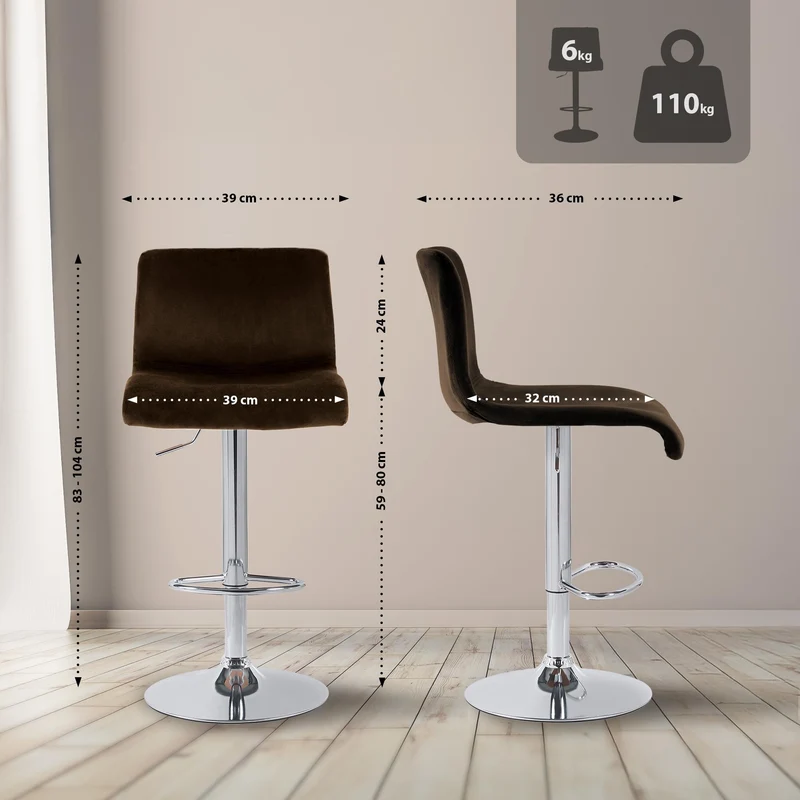 Tabouret de bar x1 repose-pieds hauteur réglable dossier bas en velours marron cadre métal chromé 10_0006256