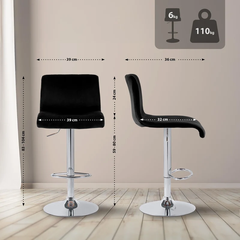 Tabouret de bar x1 repose-pieds hauteur réglable dossier bas en velours noir cadre métal chromé 10_0005851