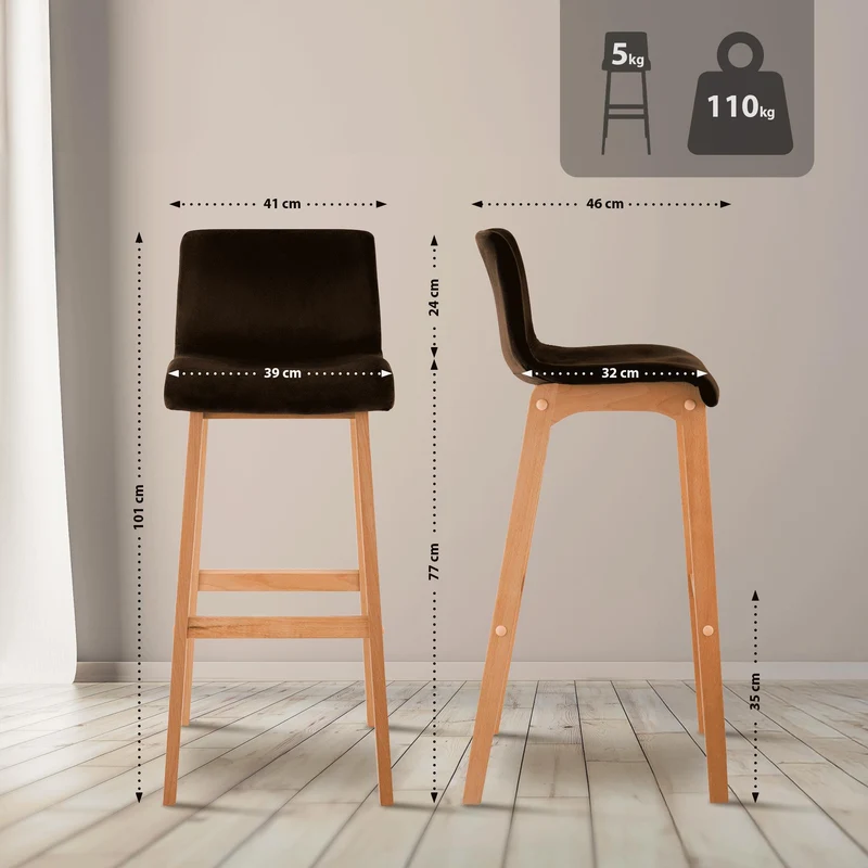 Tabouret de bar x1 piètement à 4 pieds en bois assise en velours marron style scandinave 10_0006257