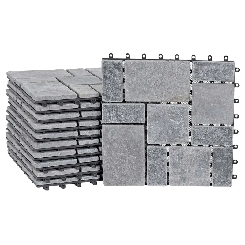 Dalles de terrasse clipsables dalles de sol balcon terrasse en pierre naturelle avec base plastique 11 dalles 30x30 cm 1 m² gris foncé 04_0010300