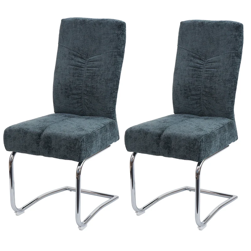 Lot de 2 chaises de salle à manger en métal et tissu chenille bleu-vert cadre arrondi coutures décoratives 04_0007394