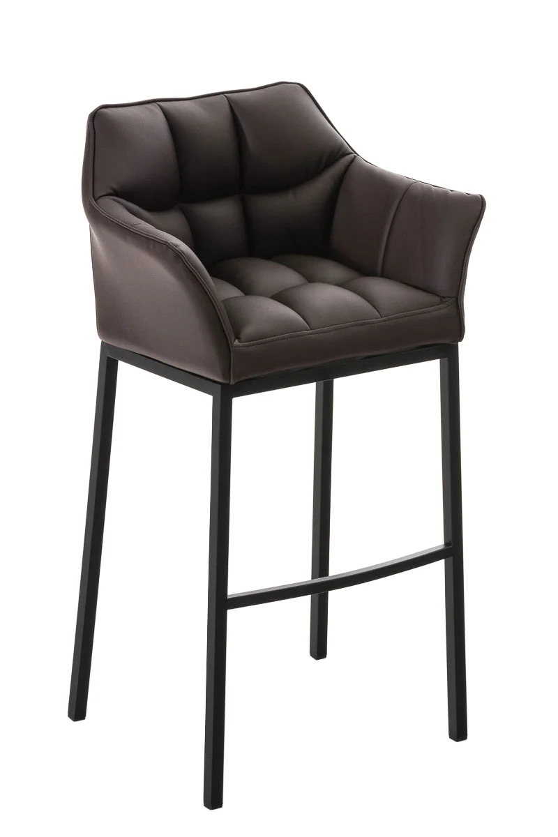 Tabouret de bar chaise haute de comptoir couture carrées assise en PVC marron 4 pieds stables en métal noir 10_0004686
