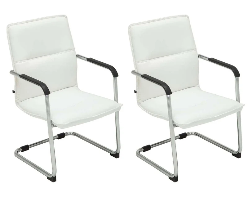 Lot de 2 fauteuils de bureau chaises visiteur avec accoudoirs en PVC blanc et métal chromé 10_0001887