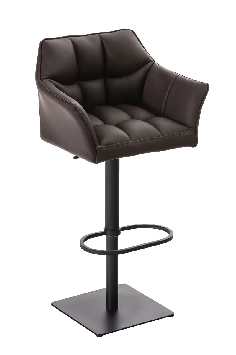Tabouret de bar chaise haute de comptoir couture carrées assise en PVC marron cadre en métal noir 10_0004674