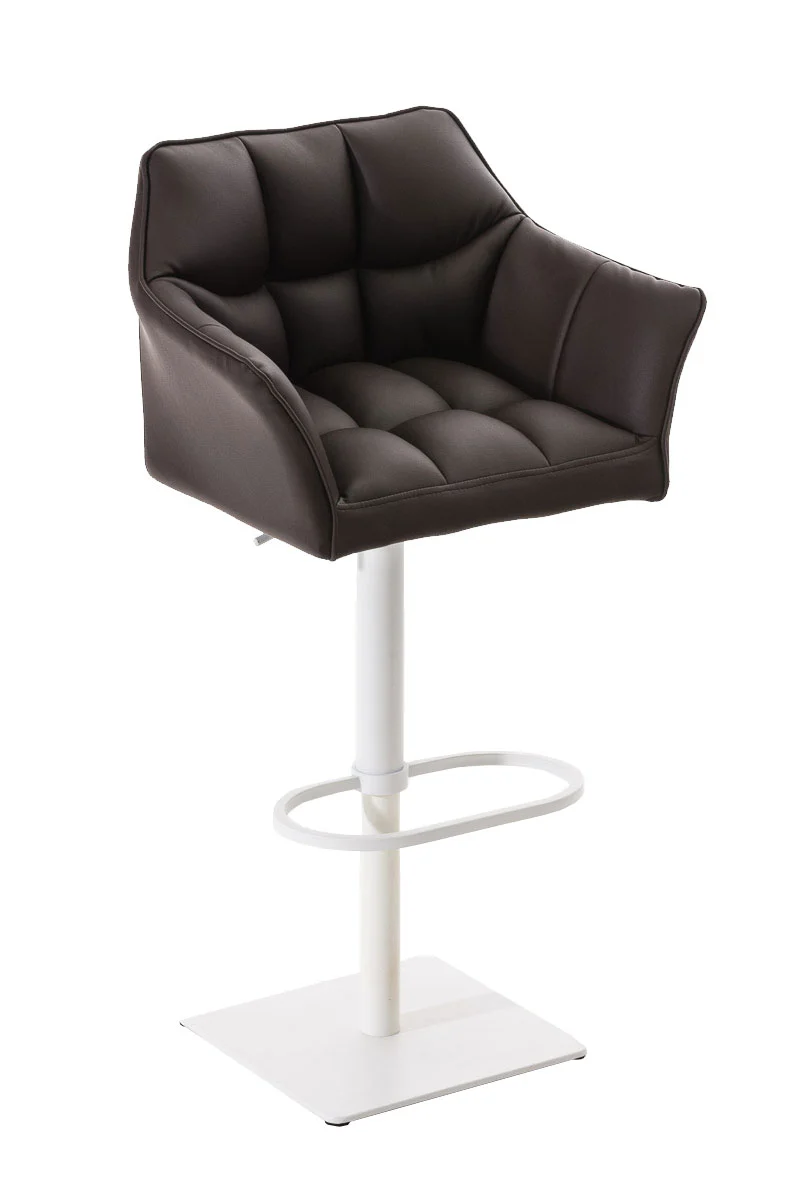 Tabouret de bar chaise haute de comptoir couture carrées assise en PVC marron cadre carré en métal blanc 10_0004736