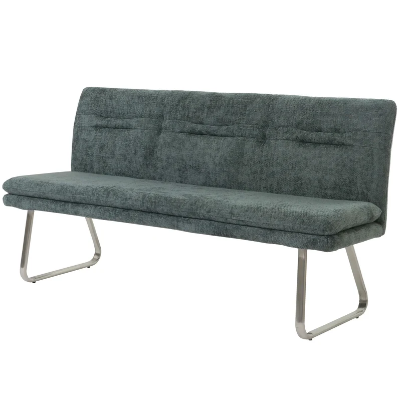 Banc de salle à manger banquette rembourré avec dossier en tissu chenille bleu-vert et acier inoxydable longueur 180 cm 04_0005845