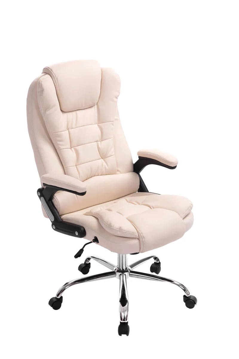 Fauteuil de bureau sur roulettes confortablement rembourrés avec accoudoirs en PVC crème et métal chromé 10_0002657