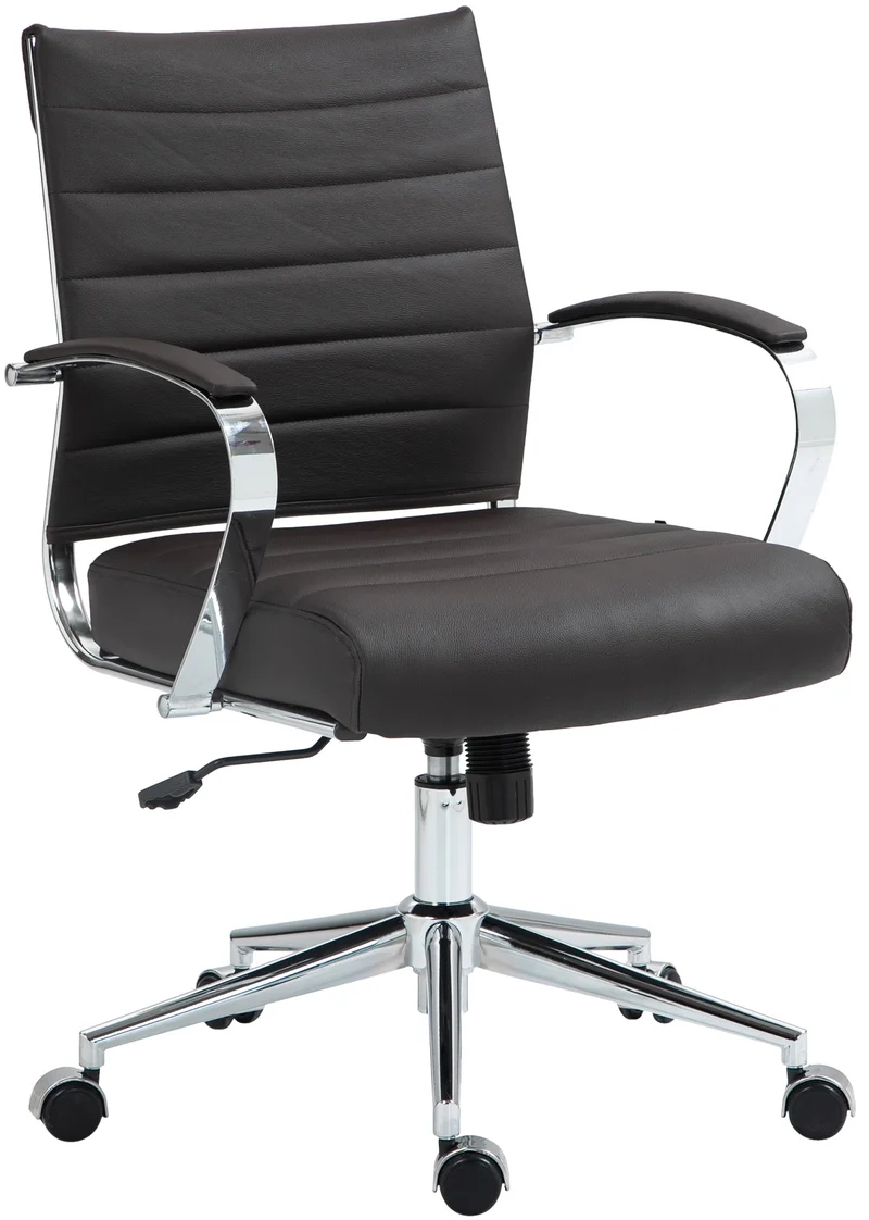 Chaise de bureau design ergonomique en cuir véritable marron et métal chromé 10_0002563