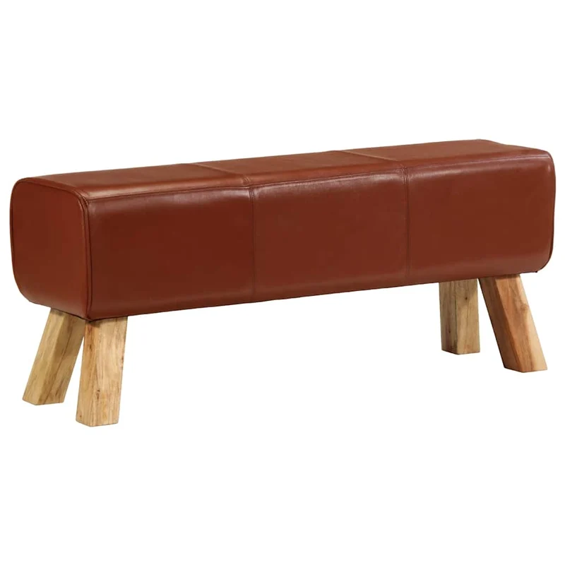 Banc assise surface lisse 110 cm cuir véritable marron et pieds en bois de manguier brun DEC025007