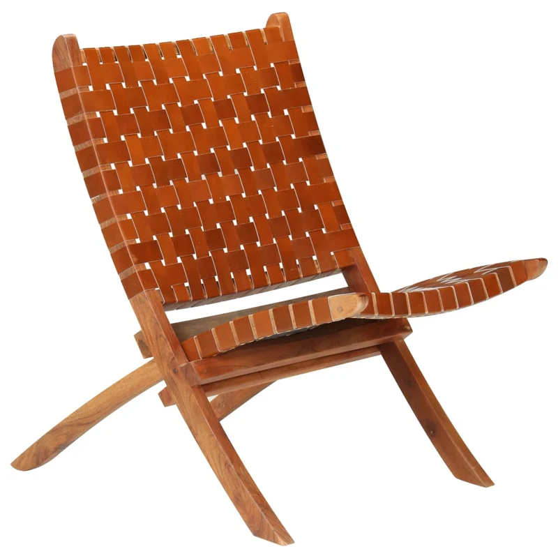 Chaise pliable bandes croisées design rustique en cuir véritable marron DEC026284