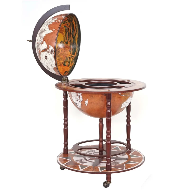 Globe bar mobile 97 cm avec rangement bouteilles globe décoratif bois eucalyptus et plastique finition antique 04_0011140