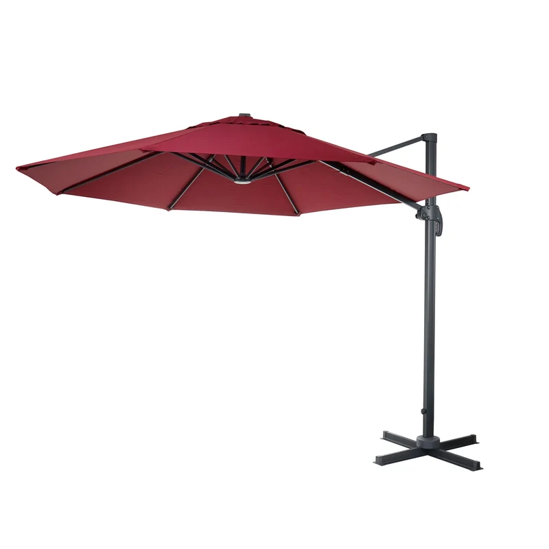 Parasol déporté rond Ø 400 cm hauteur 255 cm inclinable 5 positions rotatif 360 avec manivelle aluminium et polyester couleur bordeaux 04_0011241