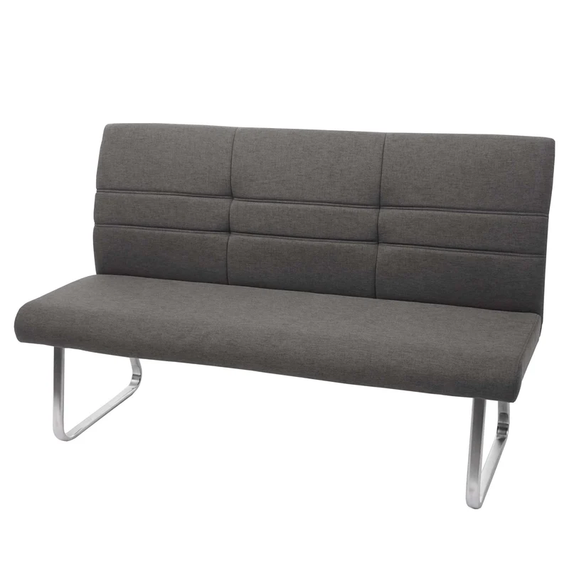 Banc de salle à manger 160 cm 3 places dossier rembourré tissu gris brun structure inox brossé 04_0010955