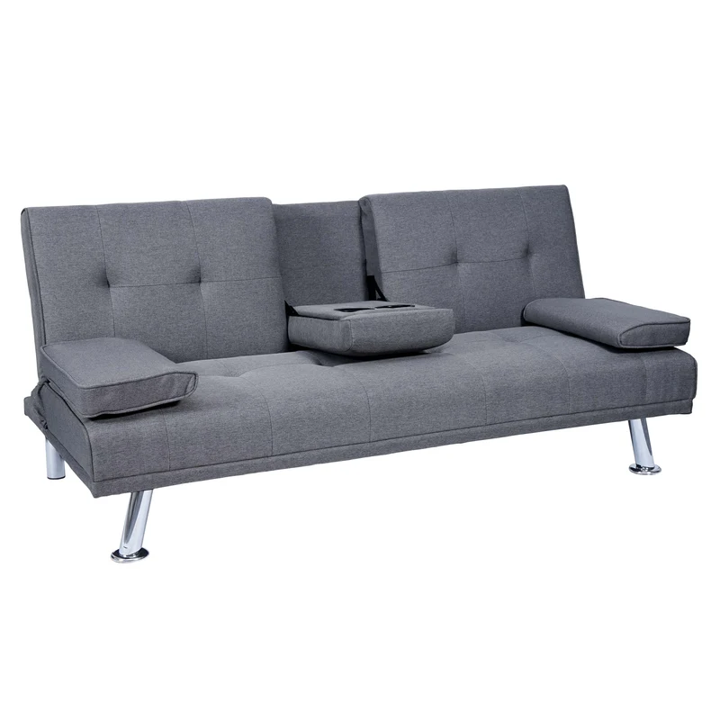 Canapé 3 places convertible 166 cm avec couchage dossier réglable porte gobelets tissu gris foncé structure métal 04_0010966