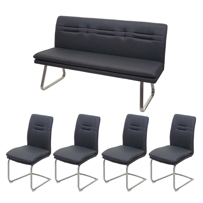 Ensemble salle à manger 5 pièces 4 chaises et banc 160 cm tissu gris foncé structure inox brossé 04_0010899