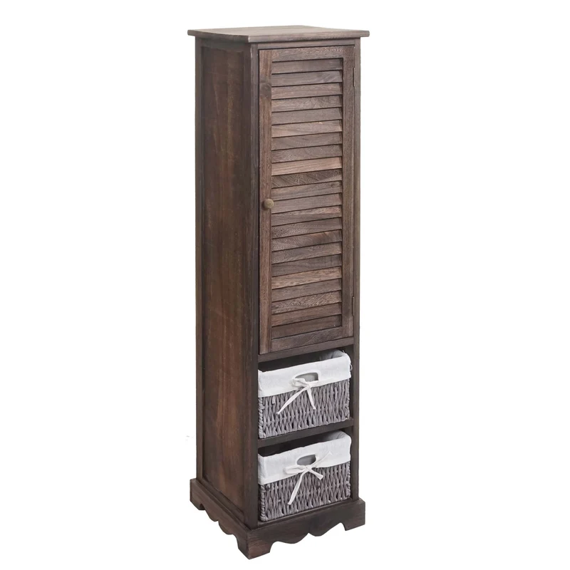 Commode de salle de bain 120x27x29 cm en bois massif style shabby marron vieilli 1 porte et 2 paniers 04_0010635