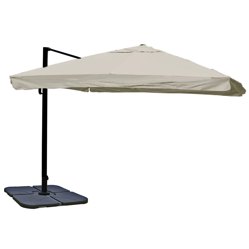 Parasol déporté 3,5 x 3,5 m envergure 500 cm inclinable 5 positions avec manivelle aluminium et polyester couleur crème gris avec pied 04_0010670