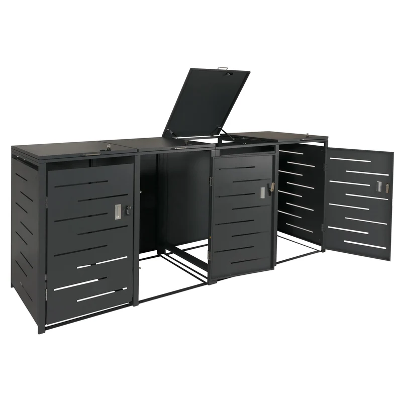 Abri pour 4 poubelles 263 cm acier verrouillable avec couvercle à vérin compatible 80 à 240 L couleur anthracite 04_0010971