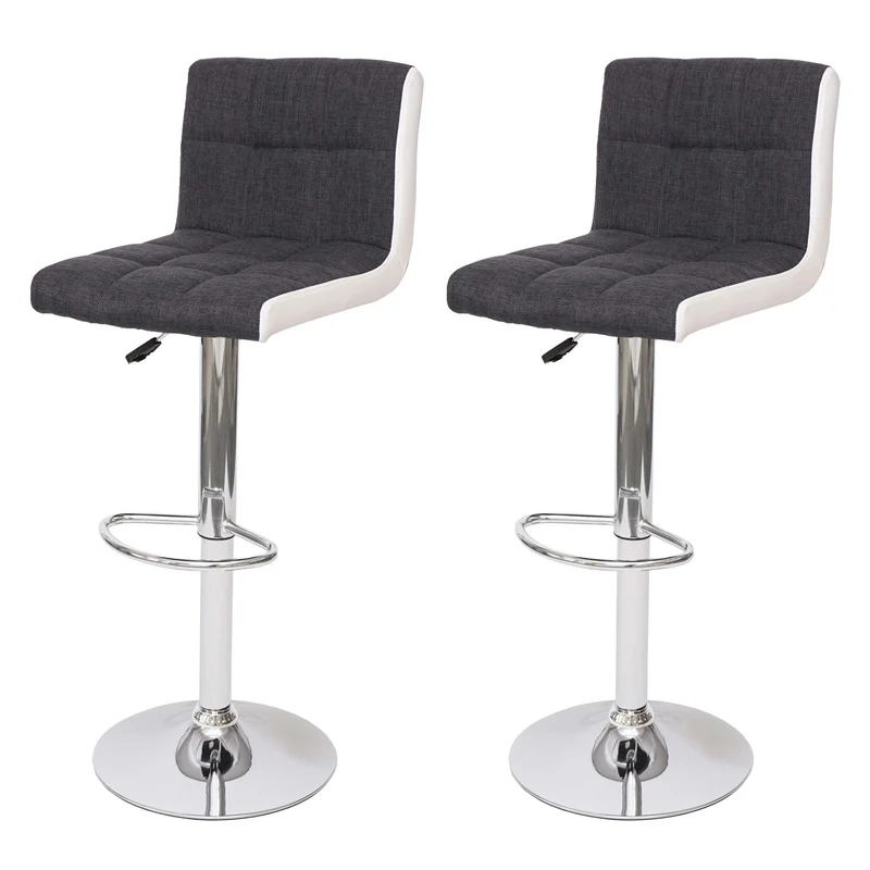 Lot de 2 tabourets de bar réglables hauteur 87 à 107 cm pivotants 360 avec dossier tissu gris foncé simili cuir blanc métal chromé 04_0010920
