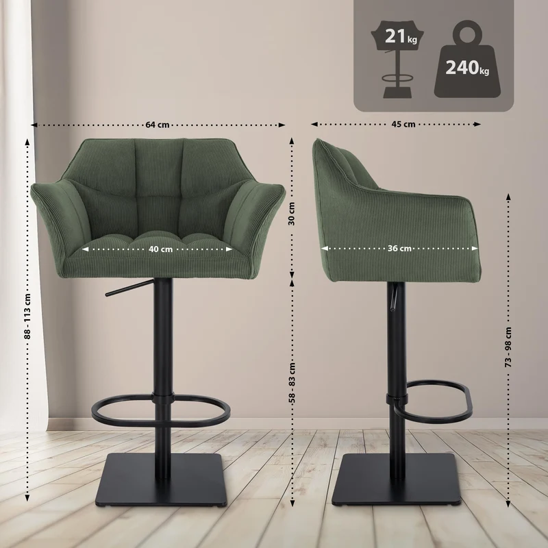 Tabouret de bar x1 réglable en velours côtelé vert assise enveloppante capitonnée et avec base carrée en métal noir 10_0006120