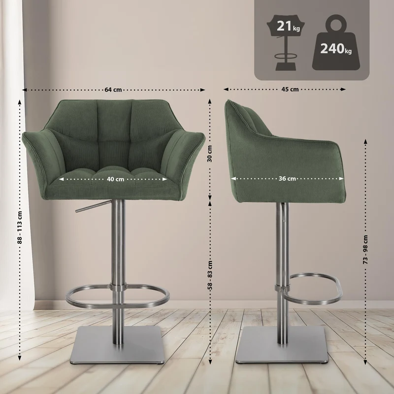 Tabouret de bar x1 réglable en velours côtelé vert assise enveloppante capitonnée et avec base carrée en acier inoxydable 10_0006124