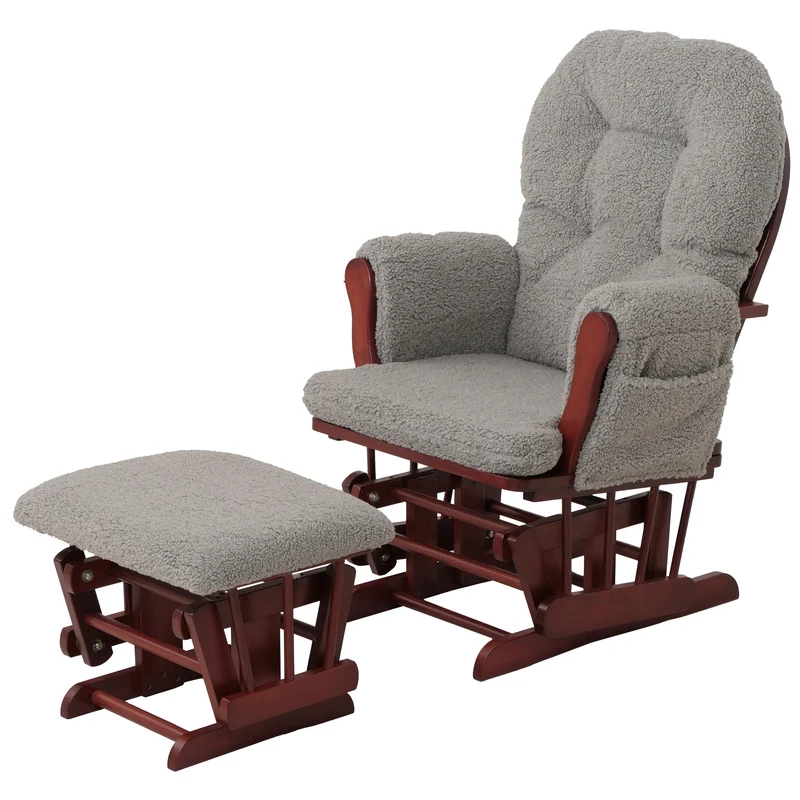 Fauteuil relax à bascule avec repose pieds hauteur 105 cm design moderne tissu bouclé gris foncé bois massif 04_0009683