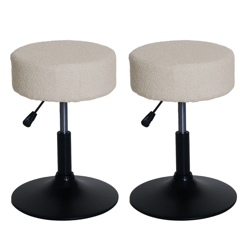 Lot de 2 tabourets réglables pivotants Ø 37 cm hauteur ajustable design moderne tissu bouclé crème blanc acier noir 04_0009935