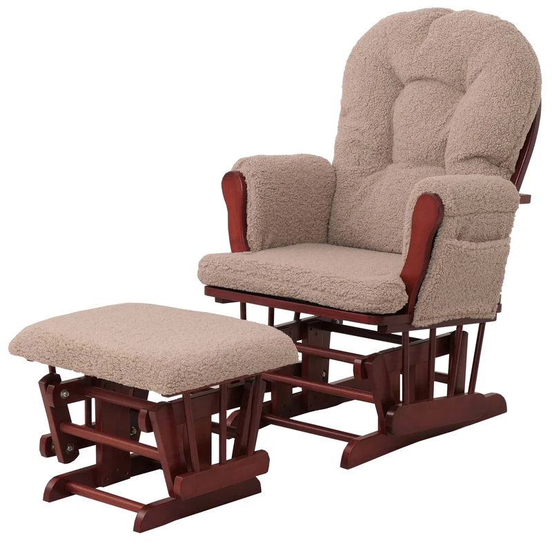 Fauteuil relax à bascule avec repose pieds design moderne bouclé marron bois massif marron 04_0009682