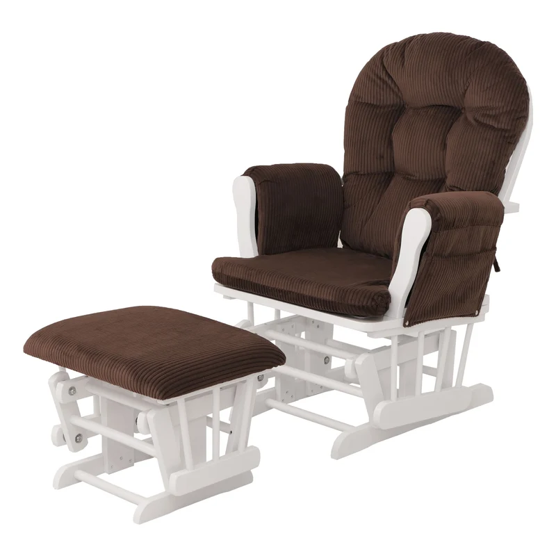 Fauteuil relax à bascule avec repose pieds hauteur 103 cm tissu velours côtelé marron structure bois massif finition blanc 04_0009670