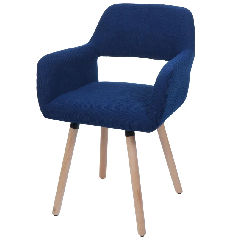 Chaise de salle à manger avec accoudoirs 80x56x53 cm en tissu velours côtelé bleu pieds bois hêtre 04_0009831
