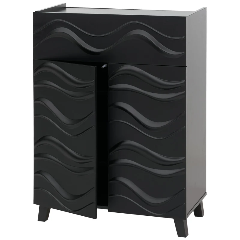 Commode buffet armoire de rangement design vague 3D portes push-to-open étagères et tiroir 107 x 76 x 36 cm bois d’hévéa noir 04_0009822