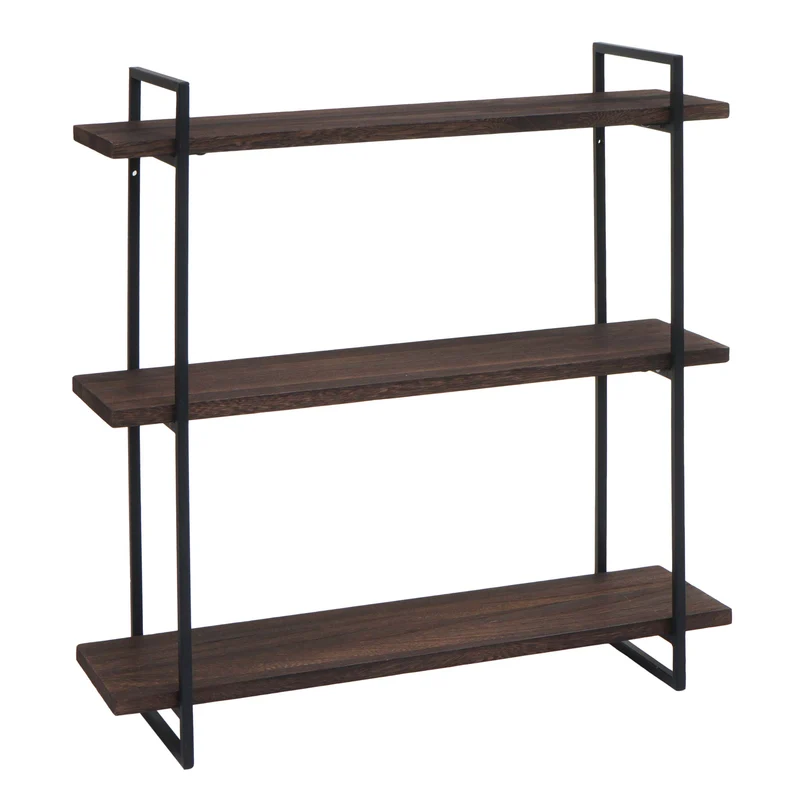Étagère murale suspendue 3 niveaux en bois marron foncé et métal design industriel 60 x 60 x 18 cm 04_0008672