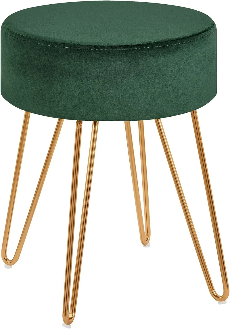 Tabouret en tissu velours vert pieds en métal doré 35x35x45 cm TABO09076