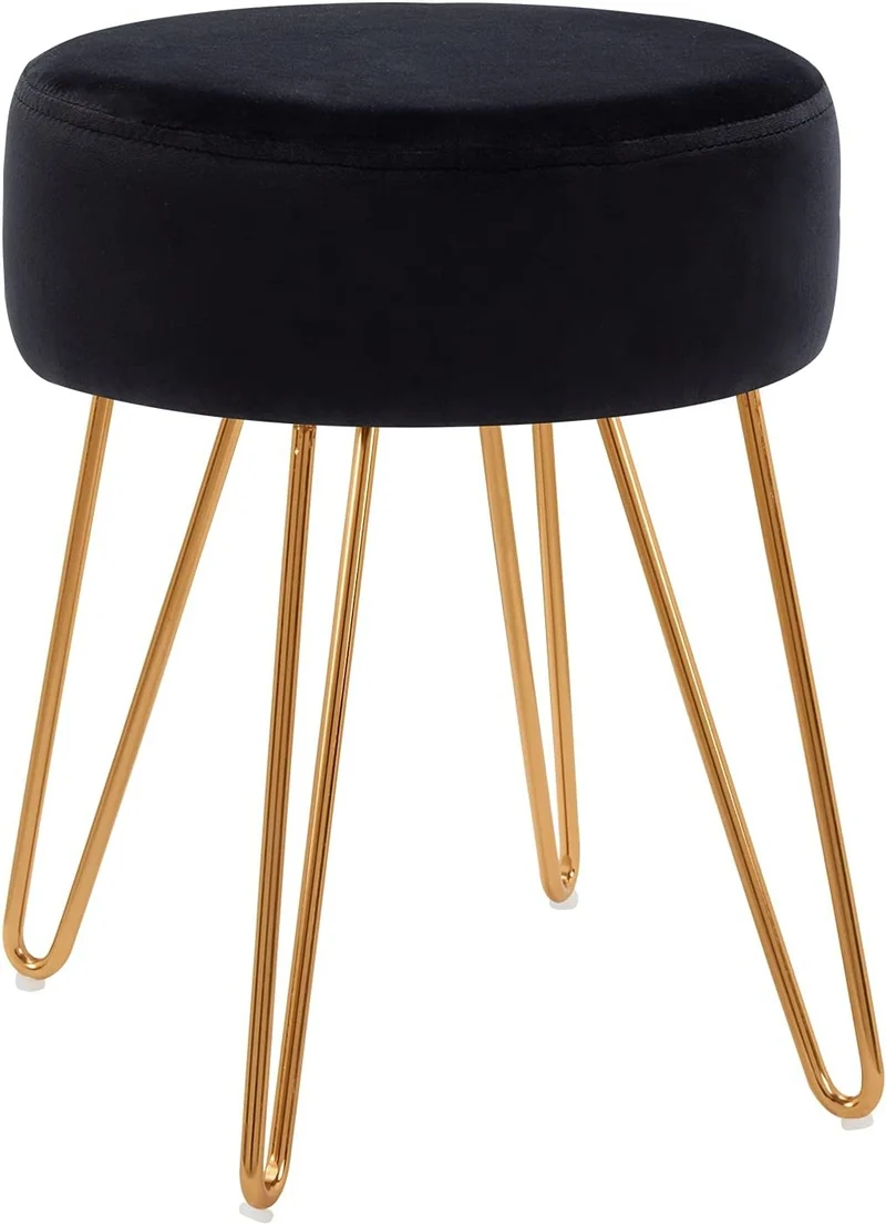 Tabouret en tissu velours noir pieds en métal doré 35x35x45 cm TABO09075