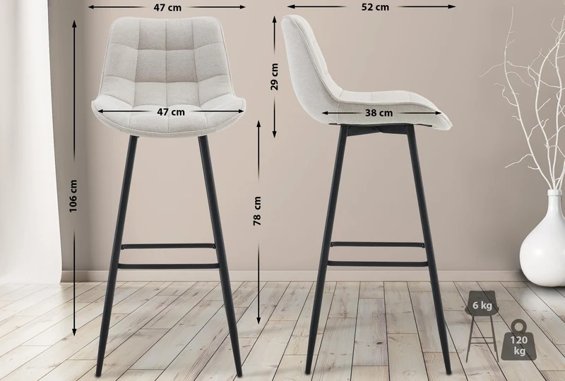 Lot de 2 tabourets de bar coutures décoratives carrées avec repose-pieds en tissu crème quatre pieds en métal 10_0006562