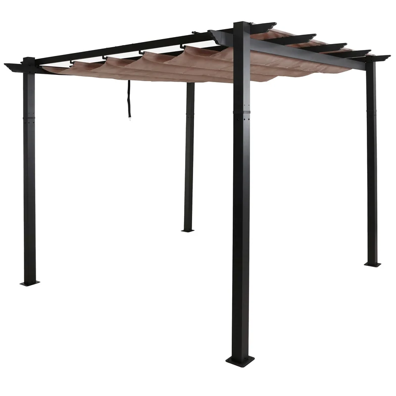 Pergola aluminium pavillon de jardin terrasse 3x3 m avec toit coulissant réglable structure 8 cm tissu polyester UV50+ taupe 04_0009720
