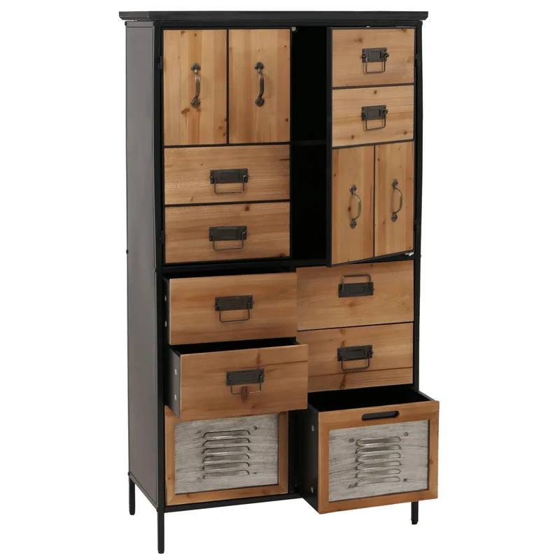 Commode style apothicaire vintage avec 6 tiroirs et 2 placards en bois naturel et métal meuble de rangement hauteur 136 cm 04_0009139