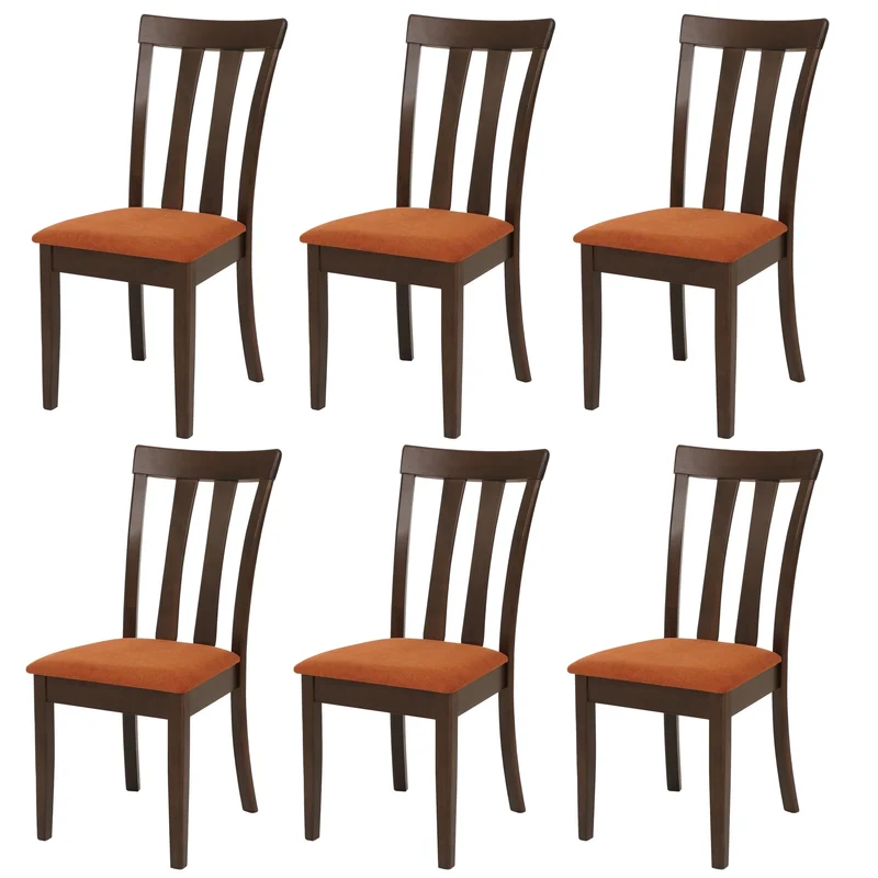 Lot de 6 chaises de salle à manger en bois massif avec assise tissu orange avec dossier haut structure bois foncé 04_0009069