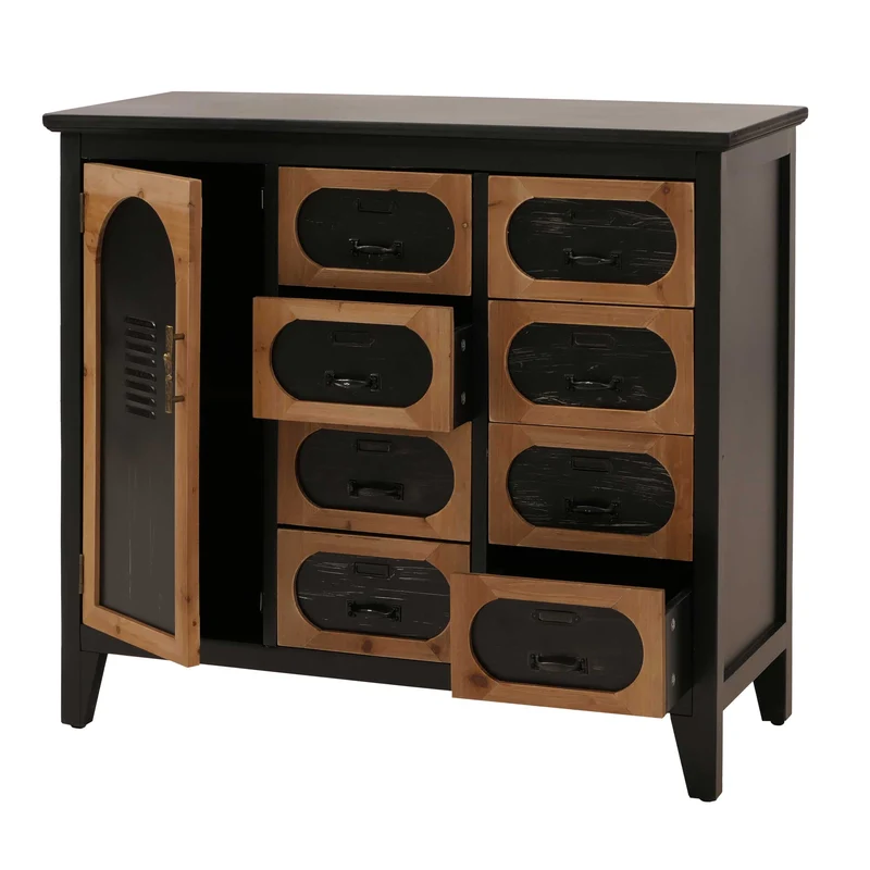 Commode style apothicaire vintage industriel avec 8 tiroirs et 2 compartiments meuble de rangement bois et métal noir 04_0009120