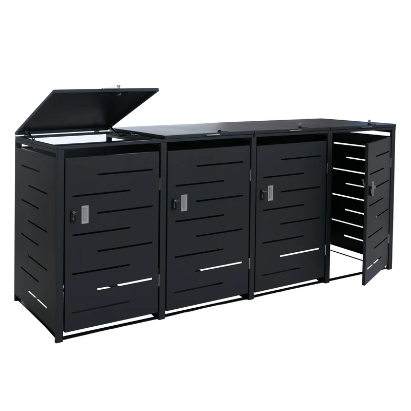 Cache-poubelles extérieur pour 4 bacs 80 à 240 L en acier anthracite abri poubelles avec couvercles à vérins et portes verrouillables 04_0008938