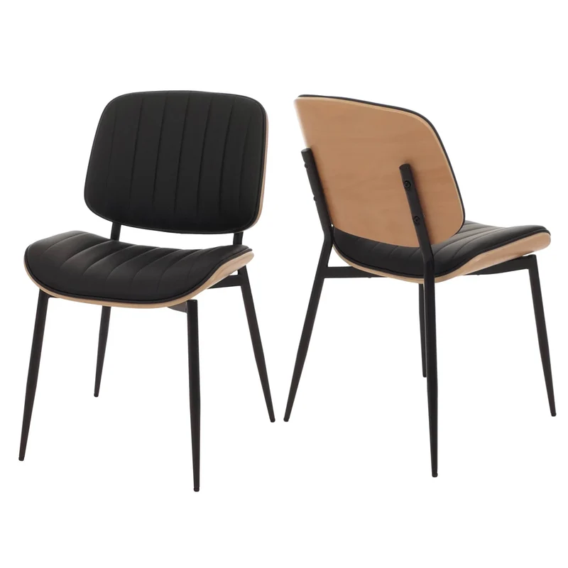 Lot de 2 chaises de salle à manger en bois courbé finition clair et simili cuir noir avec surpiqûres verticales décoratives design moderne et élégant 04_0009477