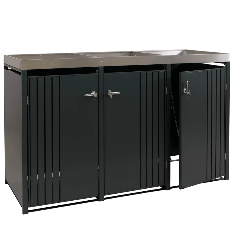 Cache-poubelles extérieur pour 3 bacs avec bac à plantes abri poubelles en acier anthracite box pour poubelles 80 à 240 L 04_0009319