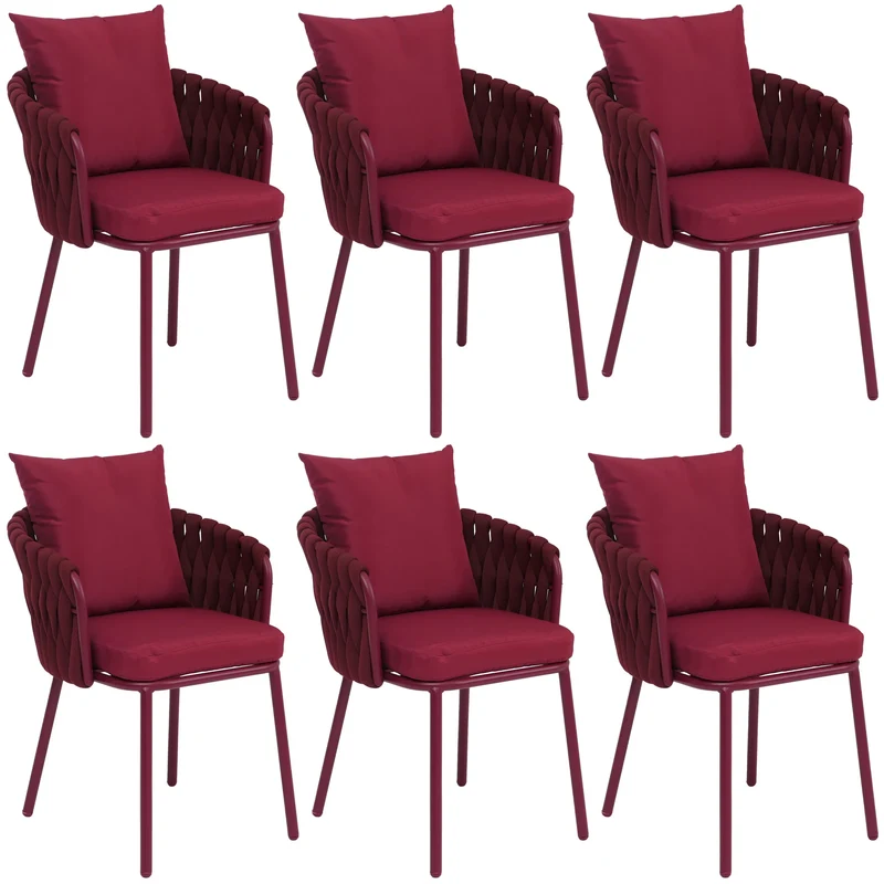 Lot de 6 chaises de salle à manger avec accoudoirs structure aluminium et tressage corde tissu bordeaux 04_0008724
