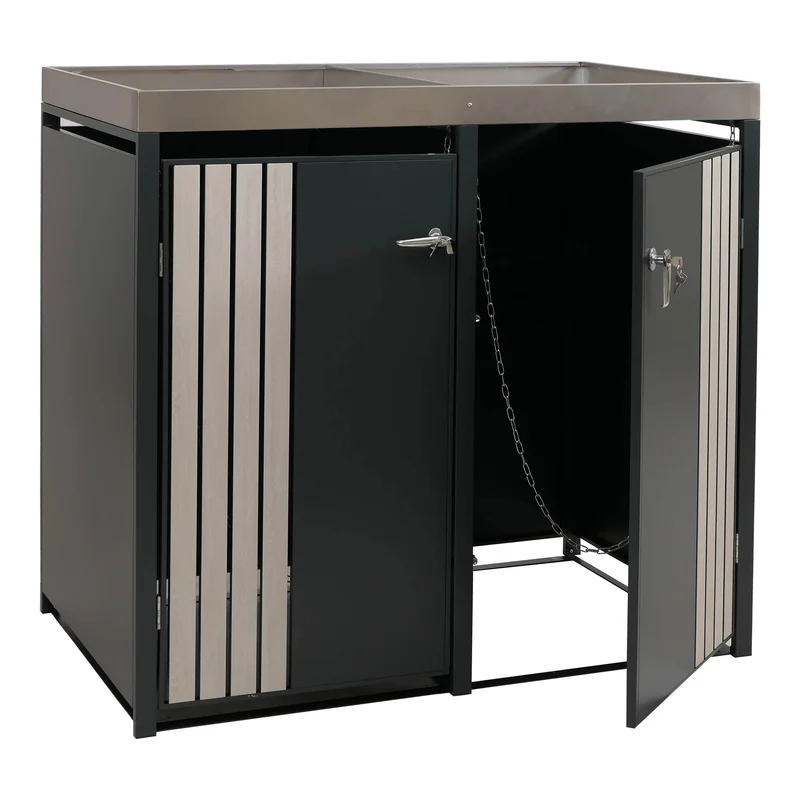 Cache-poubelles extérieur double avec bac à plantes abri pour 2 poubelles 80 à 240 L métal anthracite effet bois clair 04_0009323
