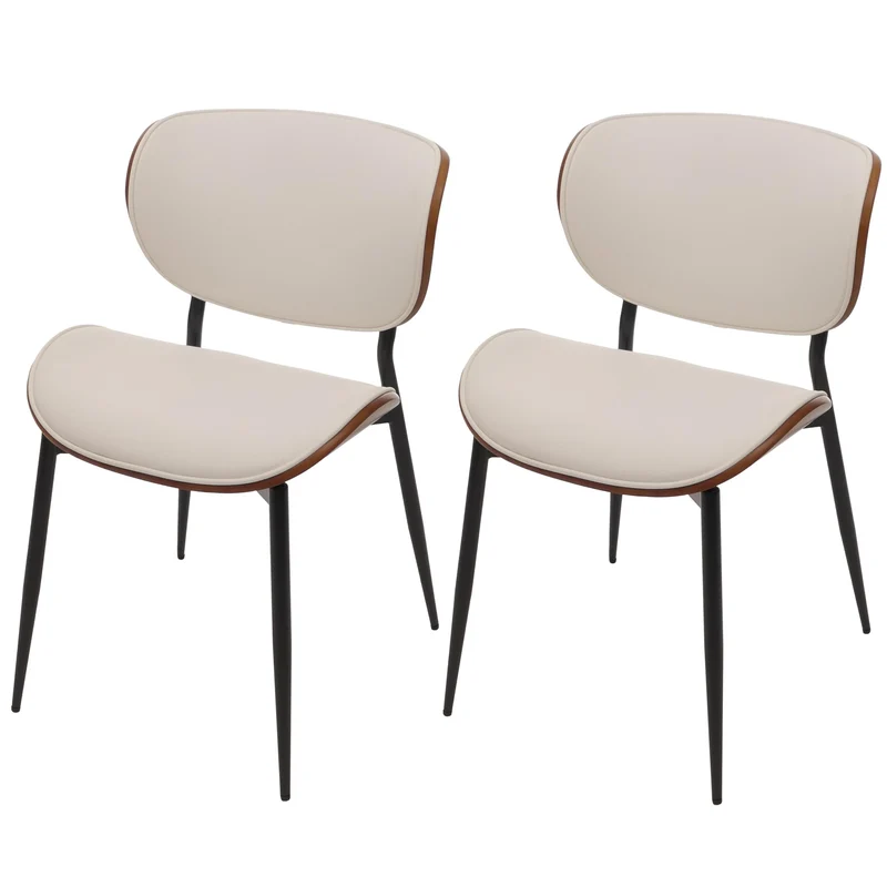 Lot de 2 chaises de salle à manger design en similicuir blanc avec dossier en bois cintré effet noyer 04_0009504