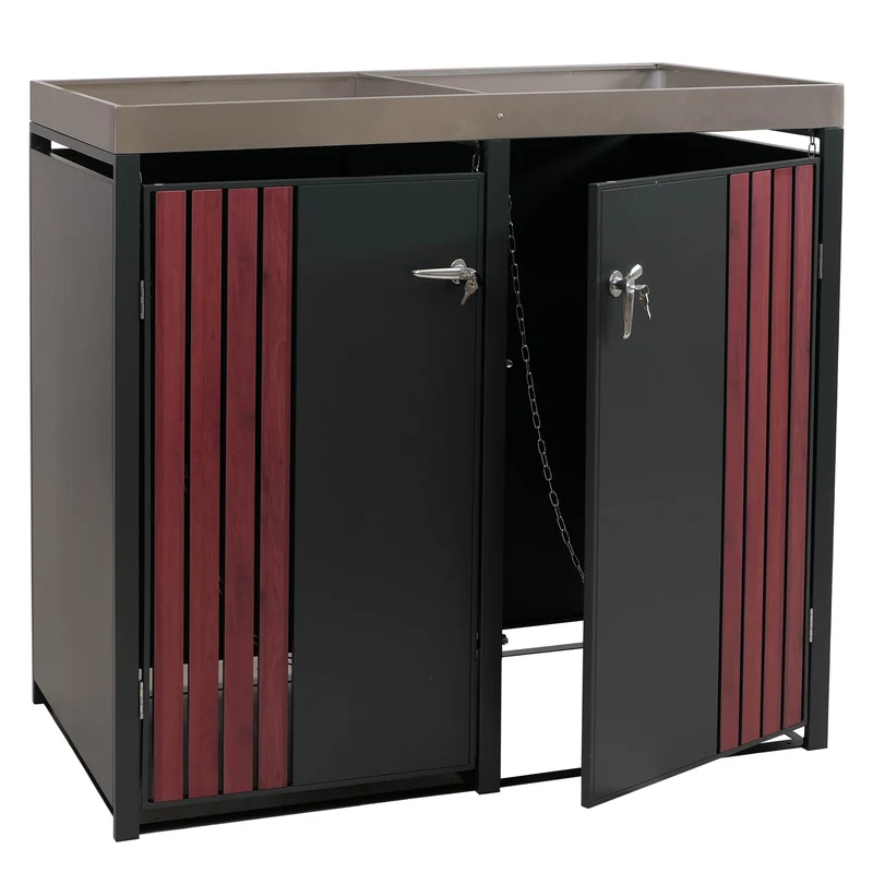 Cache-poubelles double avec bac à plantes abri pour 2 poubelles 80 à 240 L métal anthracite effet bois foncé 04_0009322
