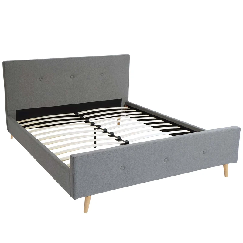 Lit double rembourré 160x200 cm gris avec sommier à lattes cadre de lit en bois massif avec tête de lit capitonnée 04_0010473