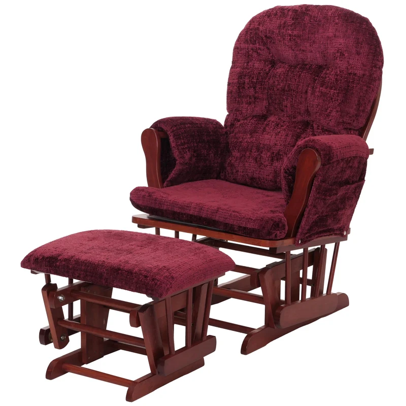 Fauteuil relax à bascule avec repose-pieds en tissu chenille bordeaux fauteuil TV confortable avec structure bois massif 04_0009925