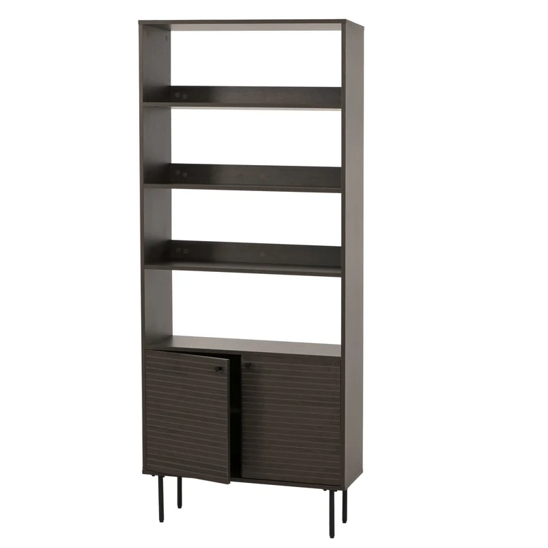 Bibliothèque design scandinave 200 cm étagère haute avec rangements et portes en bois foncé et métal 04_0009761