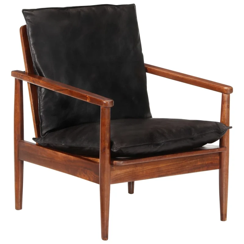 Fauteuil lounge design et moderne noir cuir véritable et bois d'acacia solide noir DEC028654